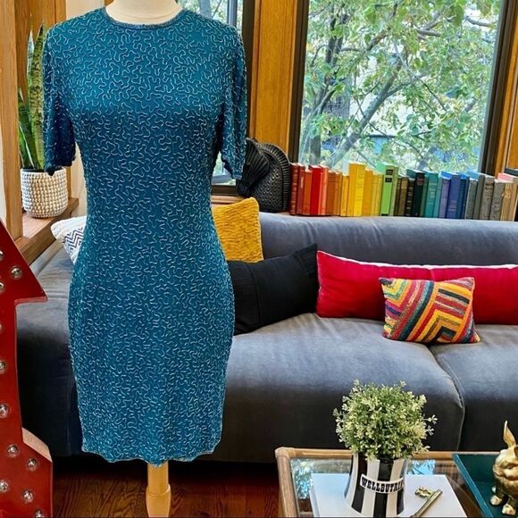 Vintage 100% Silk Peacock Teal Beaded Cocktail Dress - Picture 3 of 13